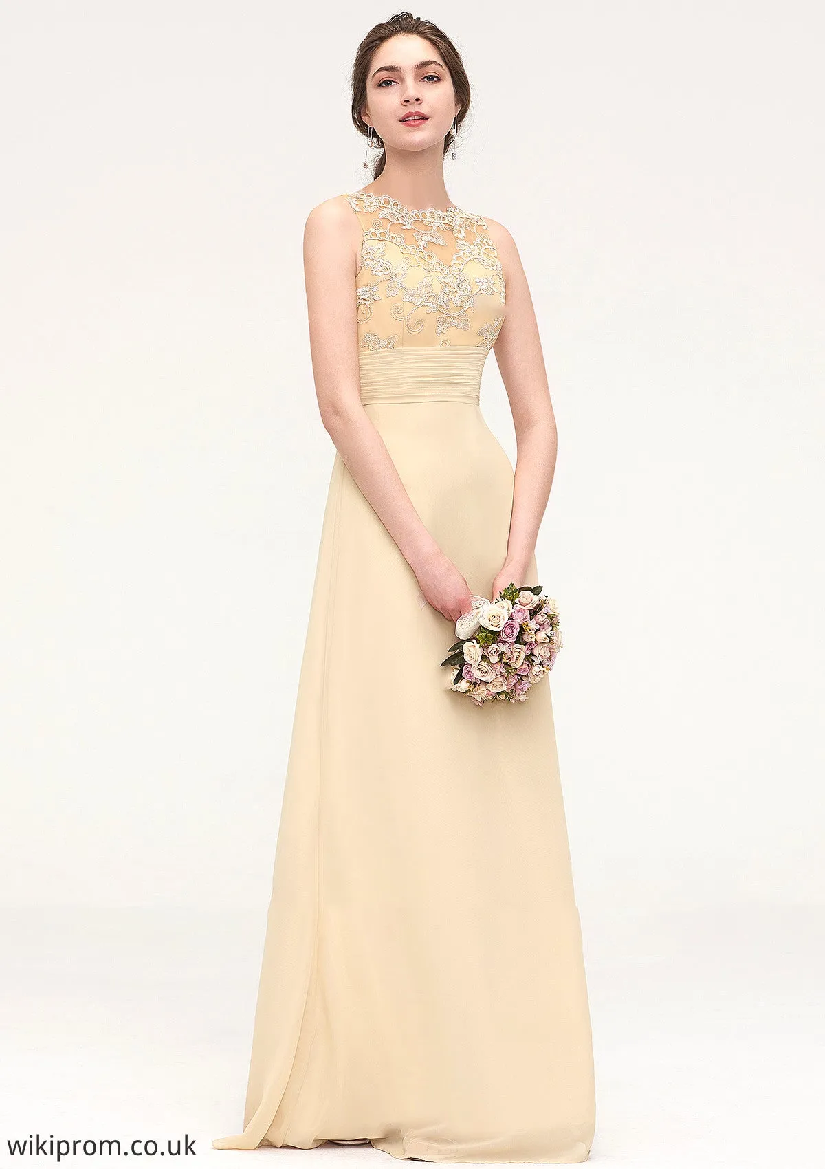 Sleeveless Halter Open Back Long/Floor-Length Sheath/Column Chiffon Bridesmaid Dresses With Pleated Lace Amani SWKP0025451