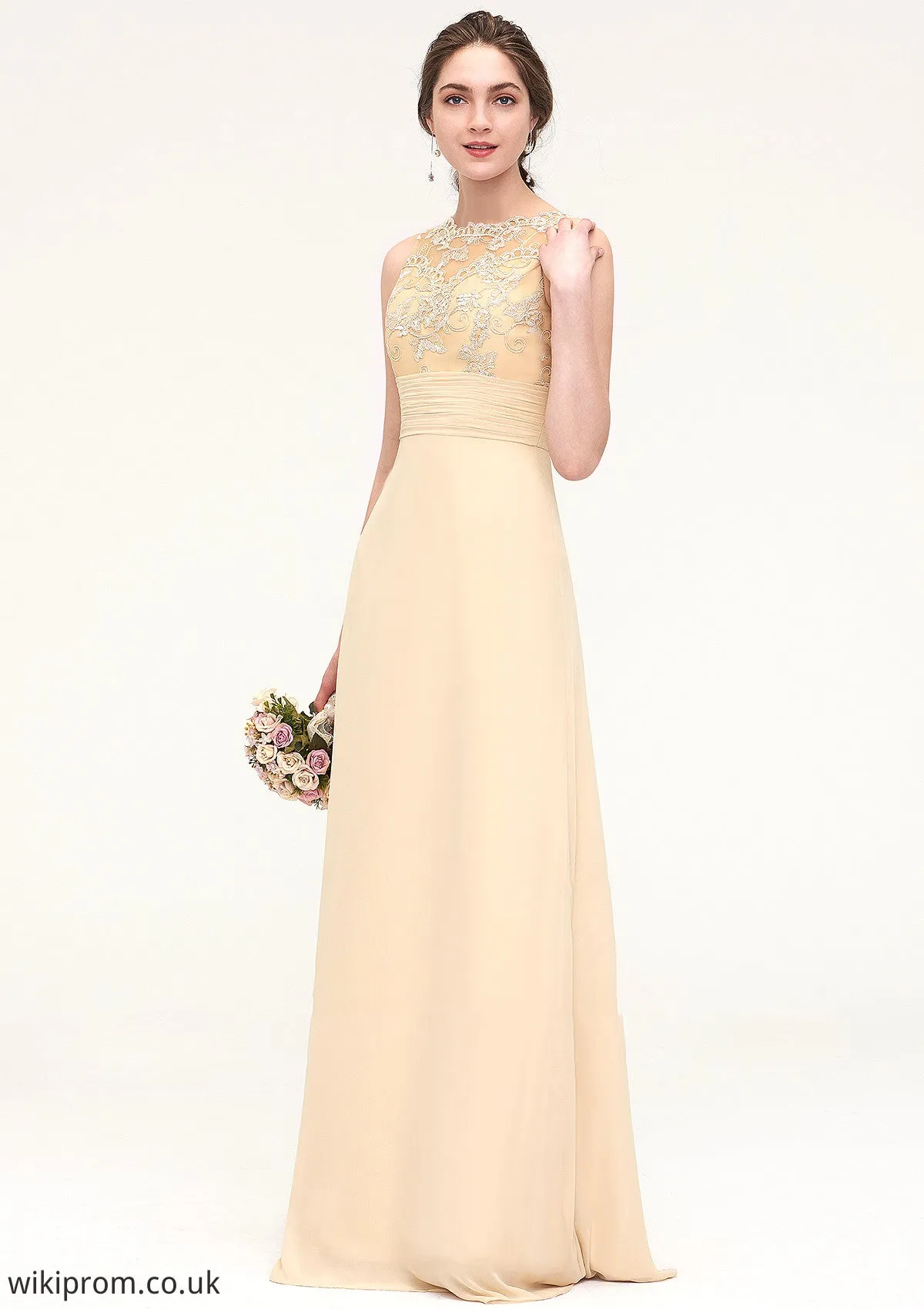 Sleeveless Halter Open Back Long/Floor-Length Sheath/Column Chiffon Bridesmaid Dresses With Pleated Lace Amani SWKP0025451