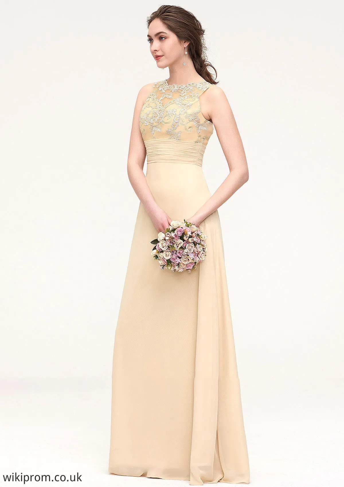 Sleeveless Halter Open Back Long/Floor-Length Sheath/Column Chiffon Bridesmaid Dresses With Pleated Lace Amani SWKP0025451