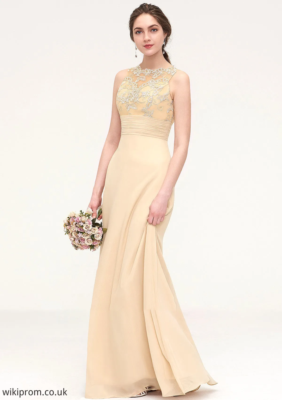 Sleeveless Halter Open Back Long/Floor-Length Sheath/Column Chiffon Bridesmaid Dresses With Pleated Lace Amani SWKP0025451