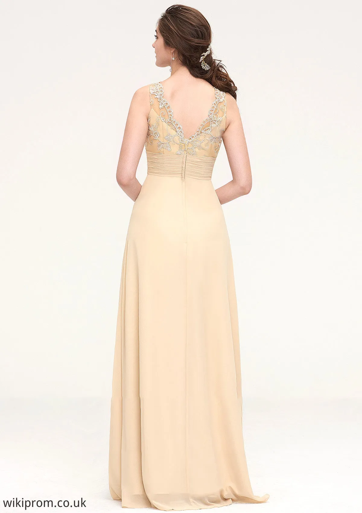 Sleeveless Halter Open Back Long/Floor-Length Sheath/Column Chiffon Bridesmaid Dresses With Pleated Lace Amani SWKP0025451