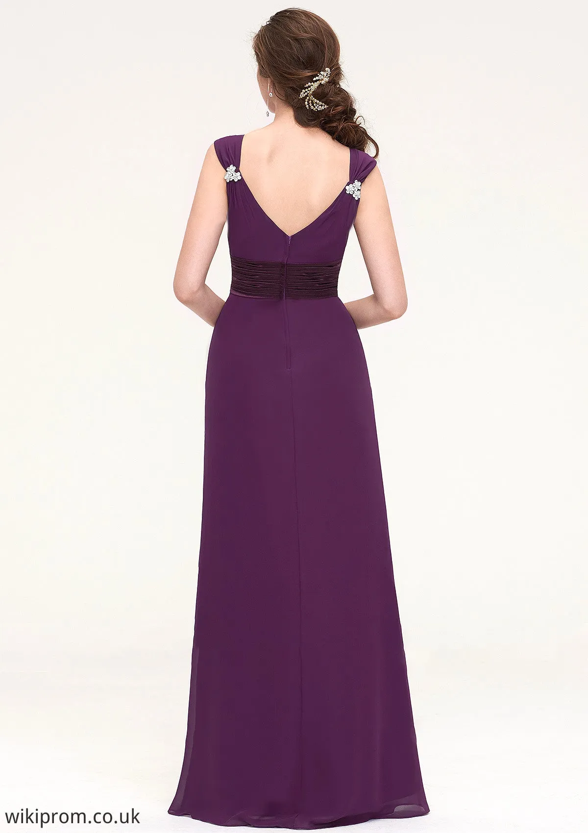 Sleeveless V Neck Long/Floor-Length Sheath/Column Chiffon Bridesmaid Dresses With Sashes Beading Pleated Matilda SWKP0025432