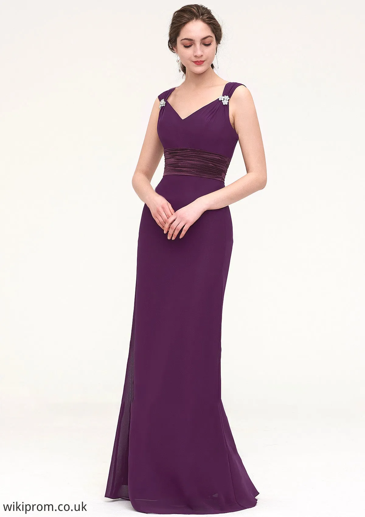 Sleeveless V Neck Long/Floor-Length Sheath/Column Chiffon Bridesmaid Dresses With Sashes Beading Pleated Matilda SWKP0025432