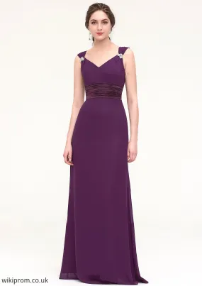 Sleeveless V Neck Long/Floor-Length Sheath/Column Chiffon Bridesmaid Dresses With Sashes Beading Pleated Matilda SWKP0025432