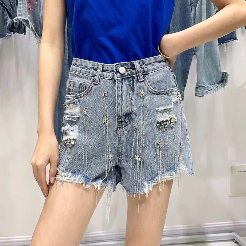 Tassel Rhinestone Denim Shorts