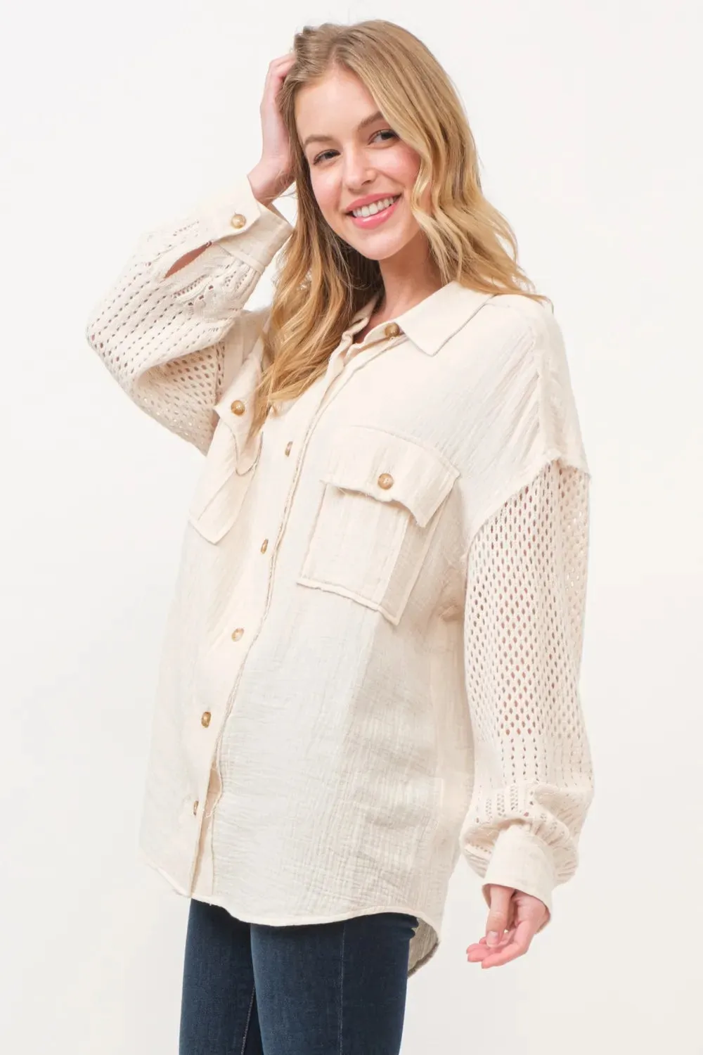 Texture Button Up Openwork Shirt