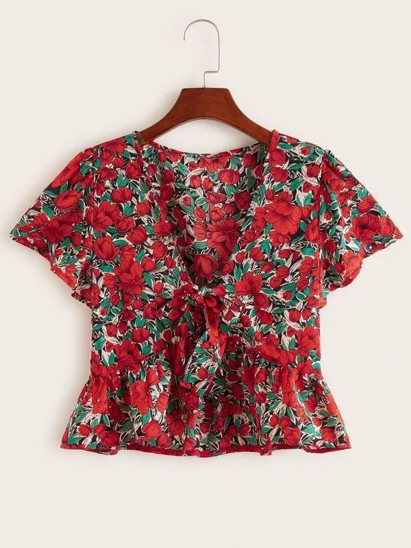 Tie Front Allover Floral Print Peplum Top