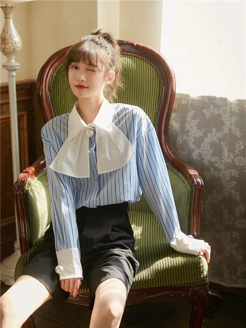 Tie pearl bow tie striped shirt female design niche retro vertical striped top