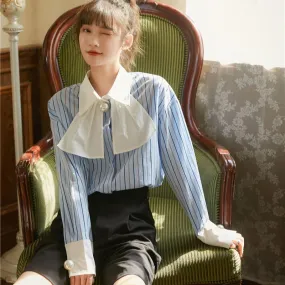 Tie pearl bow tie striped shirt female design niche retro vertical striped top