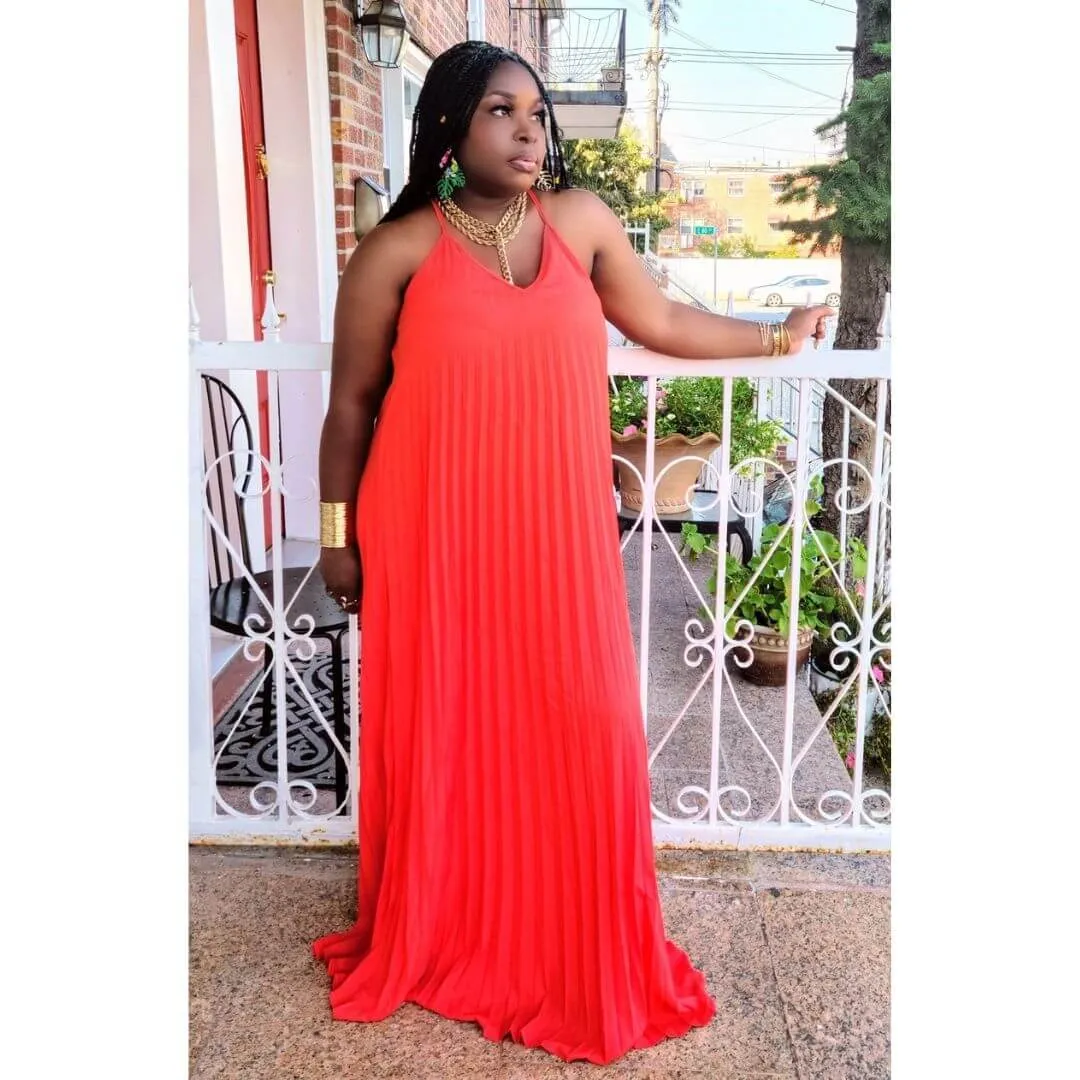 Tomato Pleated Maxi Dress