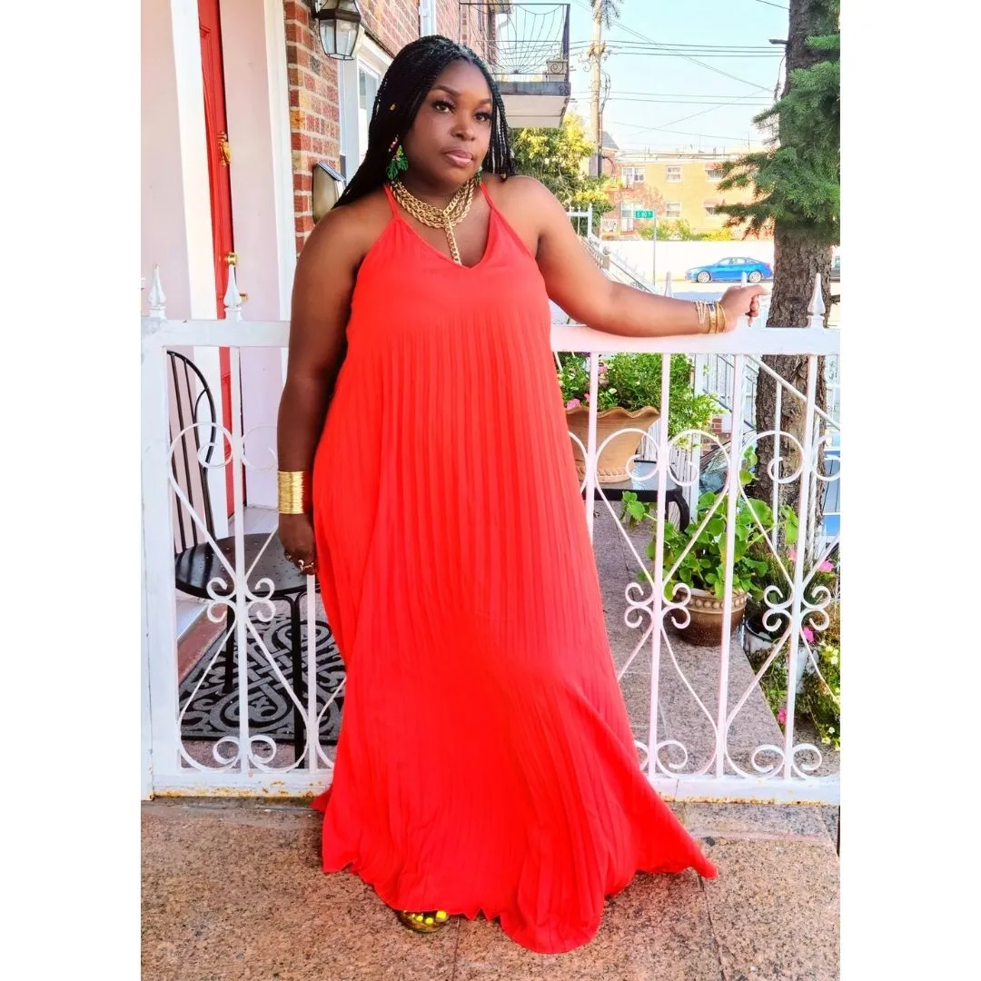 Tomato Pleated Maxi Dress