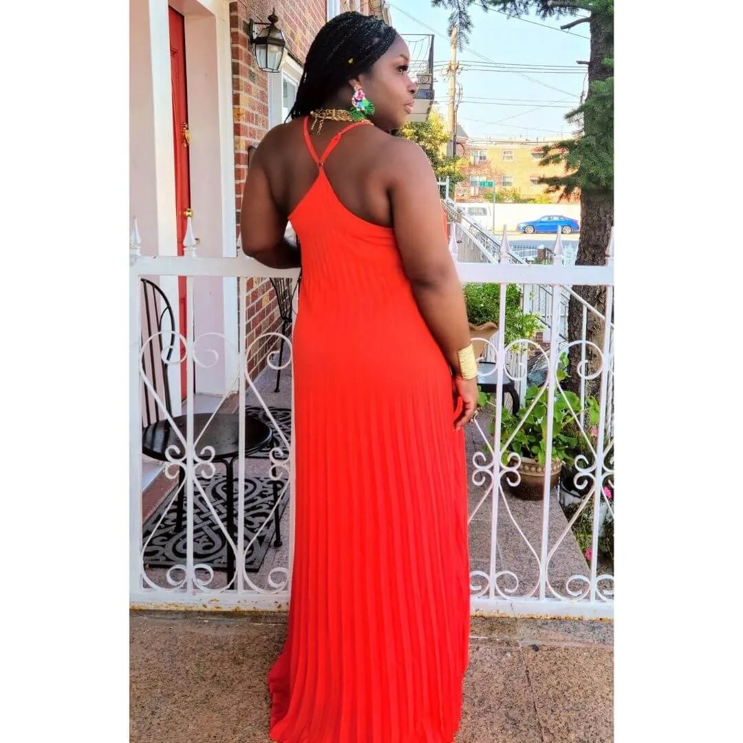 Tomato Pleated Maxi Dress