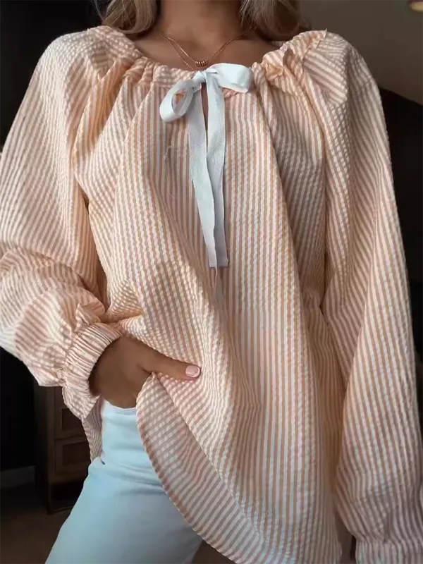 Vertical Stripe Tie-Neck Blouse