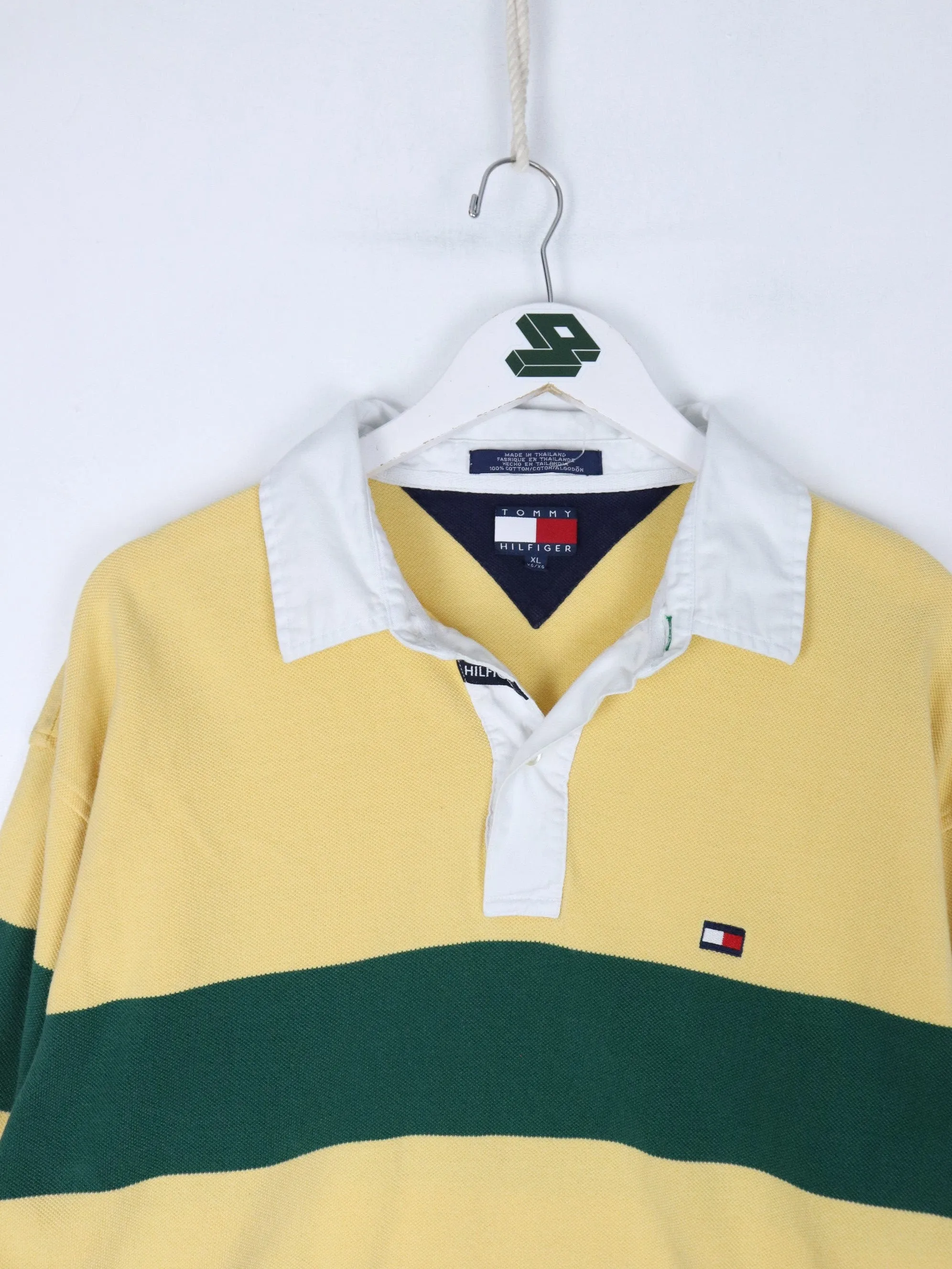 Vintage Tommy Hilfiger Polo Shirt Mens XL Yellow Striped Rugby