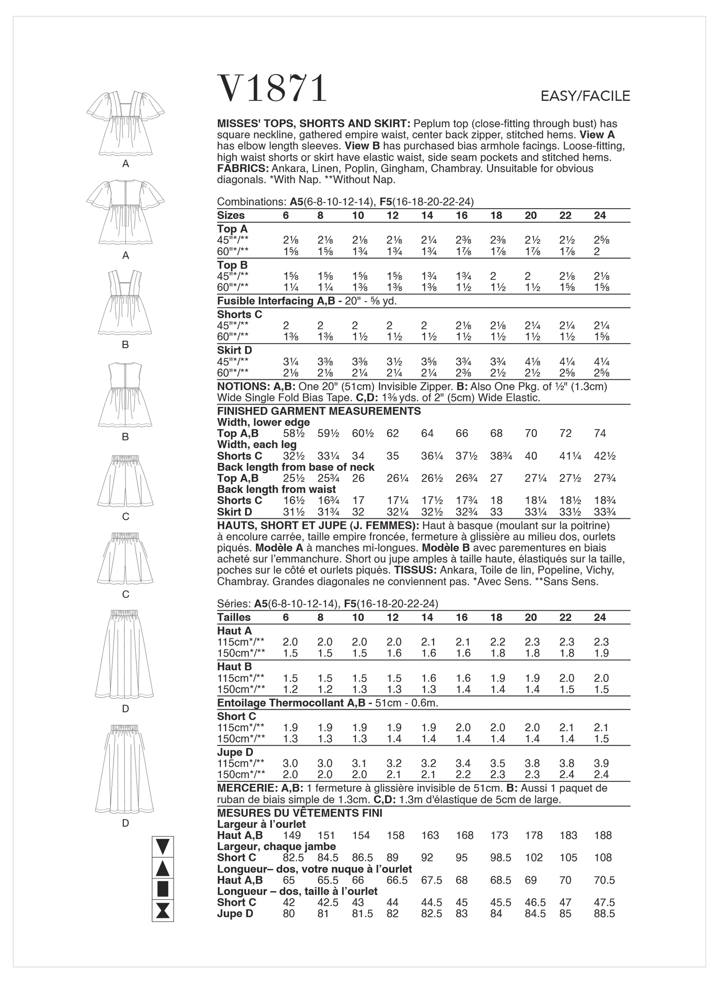 Vogue Sewing Pattern 1871 Misses' Tops, Shorts and Skirt