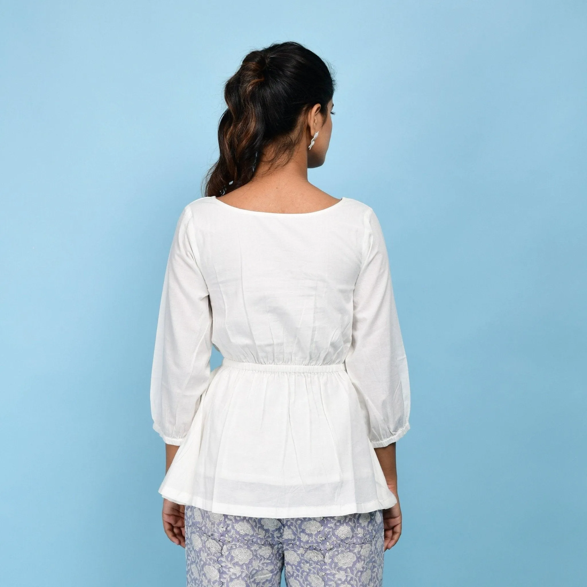 White Organic 100% Cotton Round Neck Peplum Top