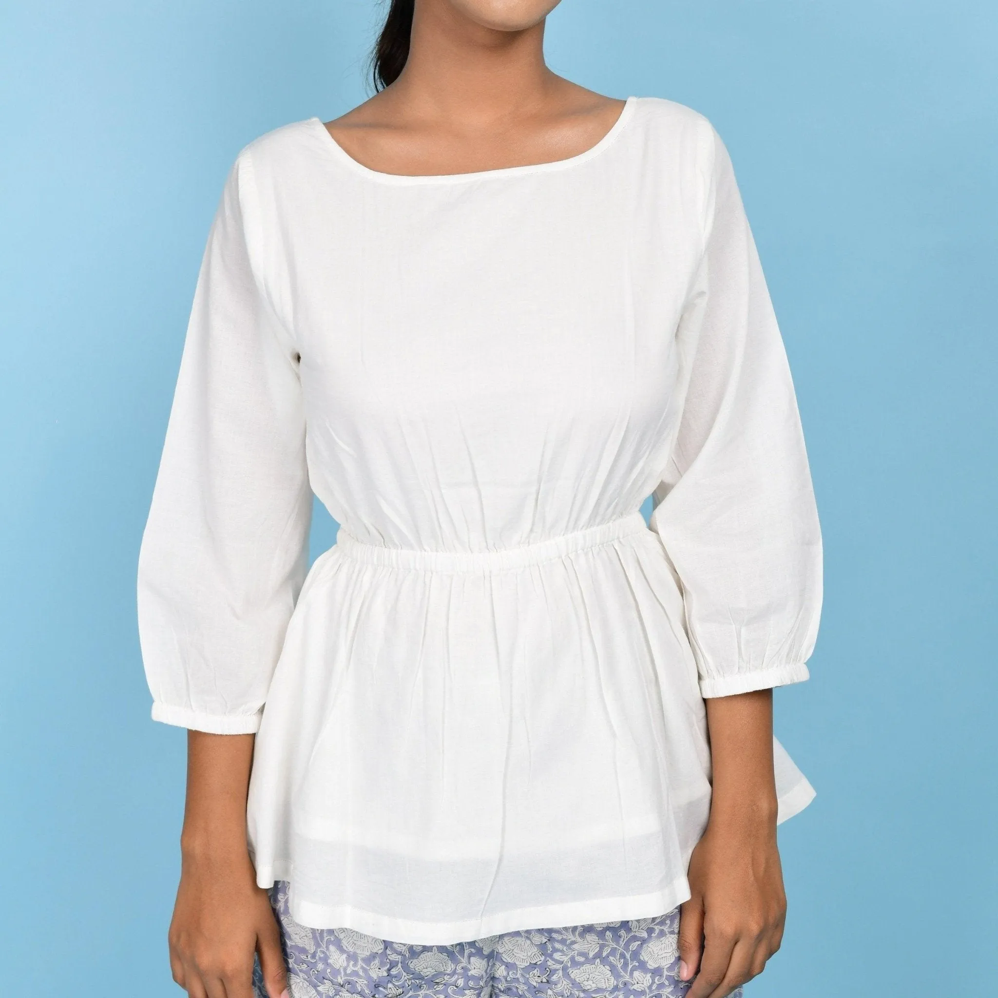 White Organic 100% Cotton Round Neck Peplum Top