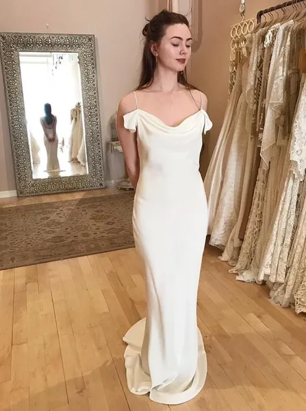 White Spaghetti Straps Long Sheath Satin Wedding Dresses