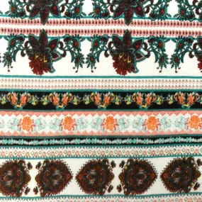 White-Teal-Multi Mix Pattern Stripe Print Rayon Stretch Jersey Knit Fabric