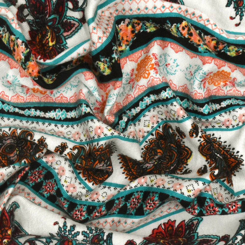 White-Teal-Multi Mix Pattern Stripe Print Rayon Stretch Jersey Knit Fabric