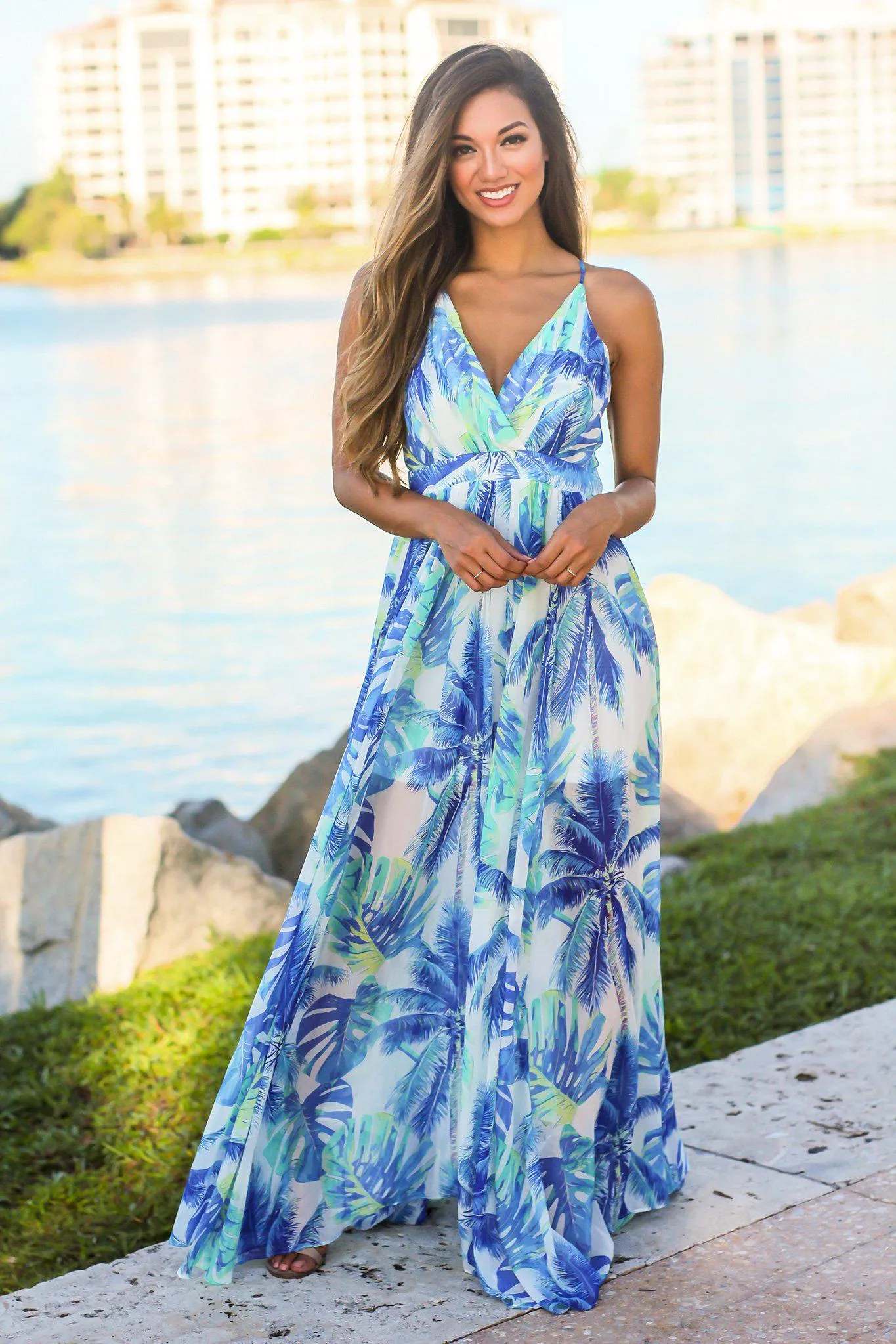 White Tropical Print Maxi Dress