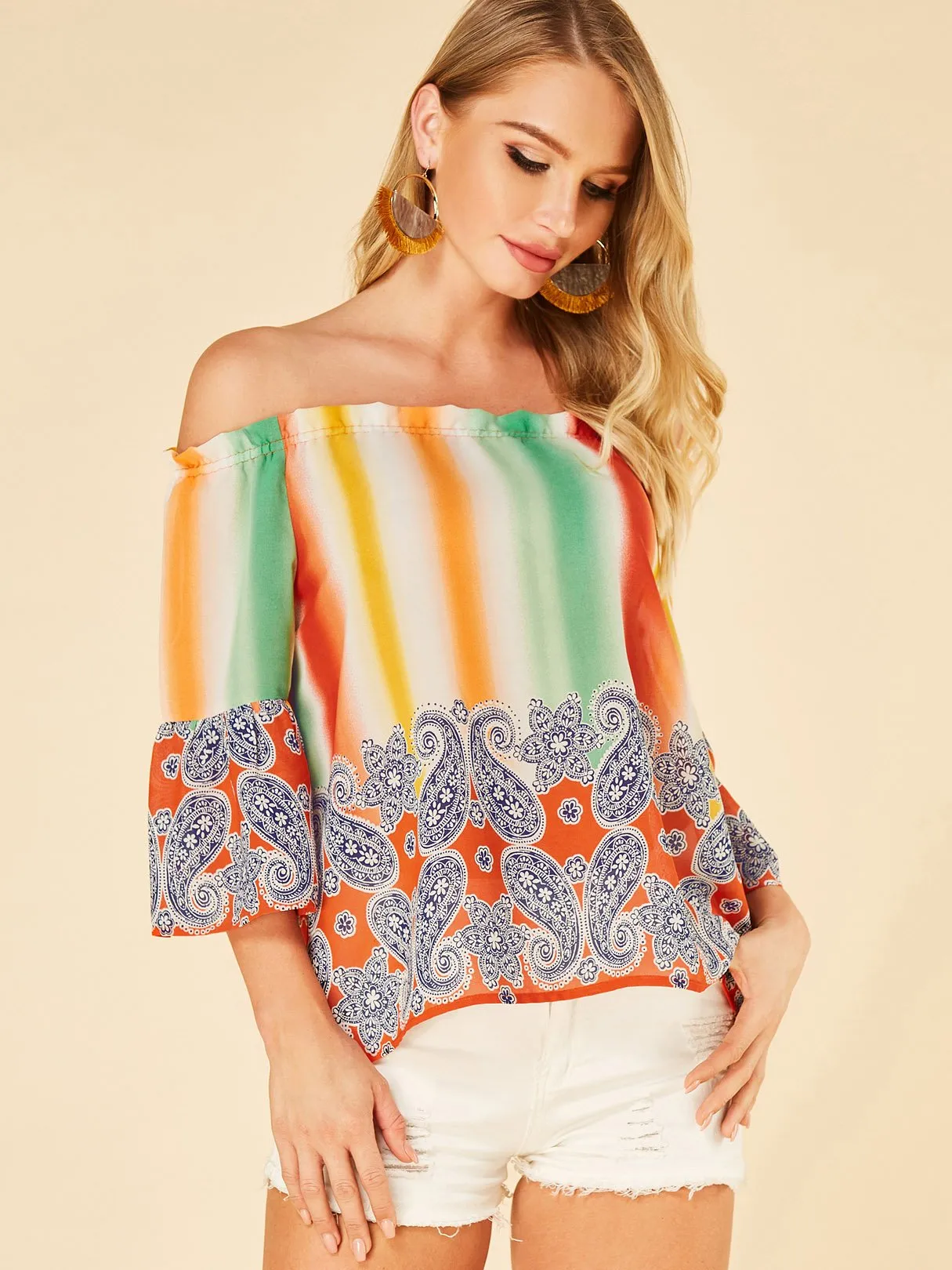 Wholesale Off The Shoulder Stripe 3/4 Length Sleeve Orange Blouses