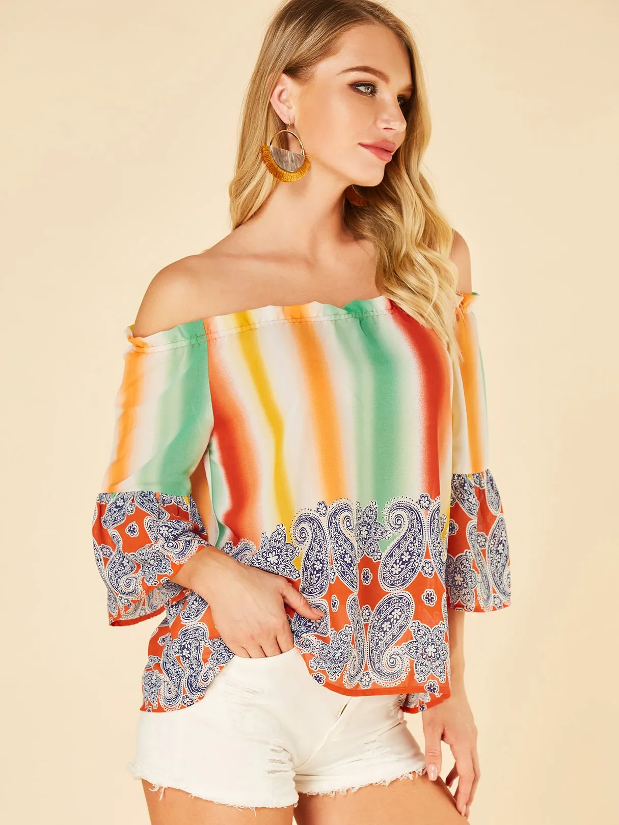 Wholesale Off The Shoulder Stripe 3/4 Length Sleeve Orange Blouses