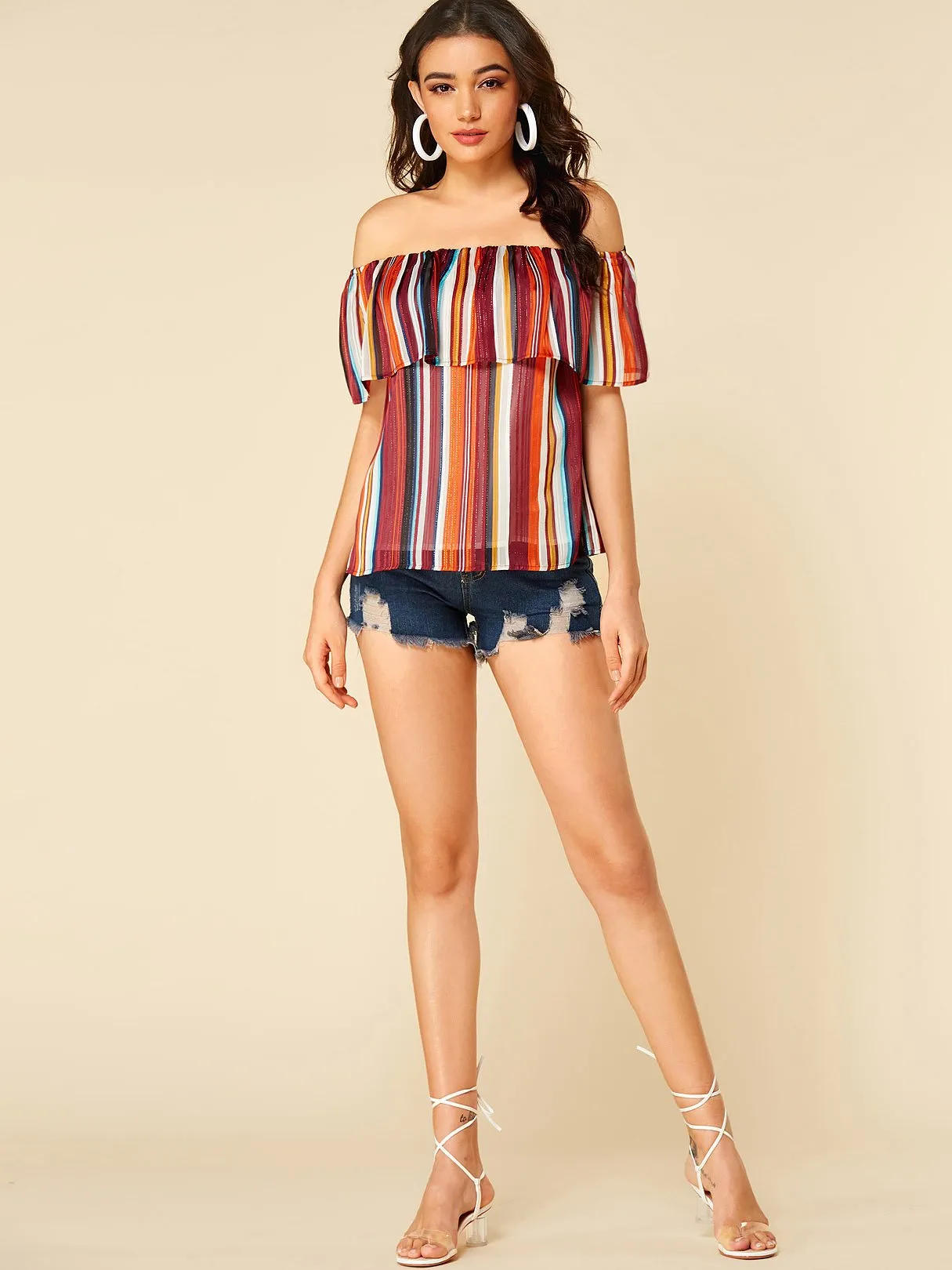 Wholesale Off The Shoulder Stripe Short Sleeve Blouses