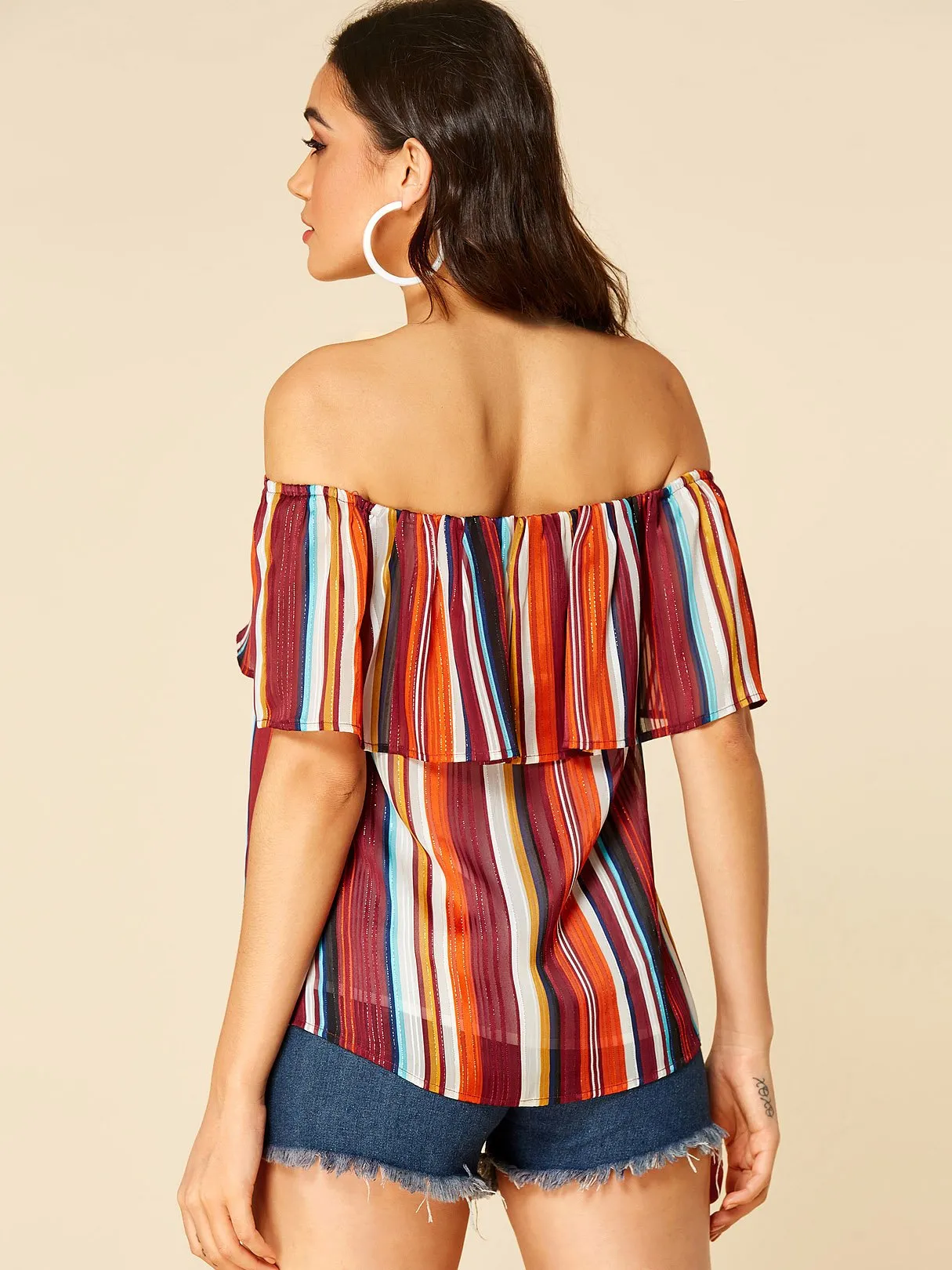 Wholesale Off The Shoulder Stripe Short Sleeve Blouses