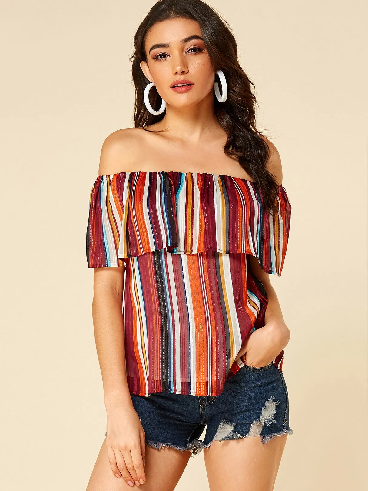 Wholesale Off The Shoulder Stripe Short Sleeve Blouses