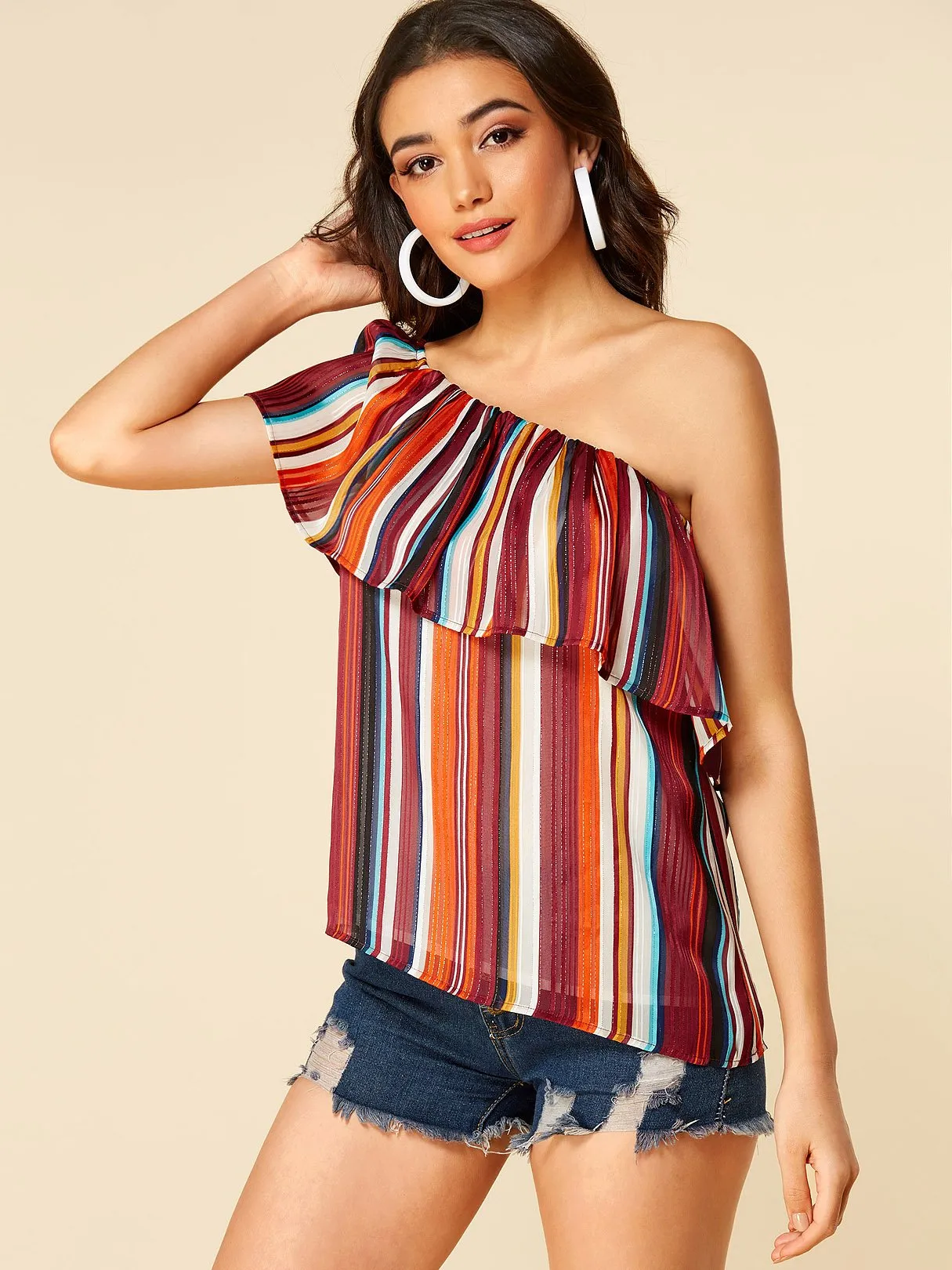 Wholesale Off The Shoulder Stripe Short Sleeve Blouses