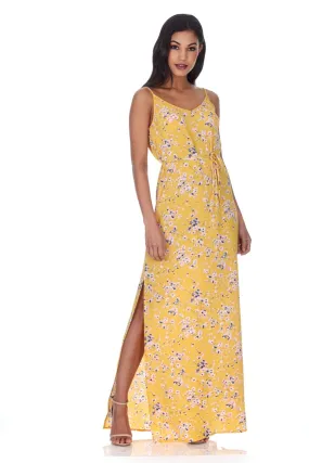 Yellow Floral Print Thigh Split Maxi Dress